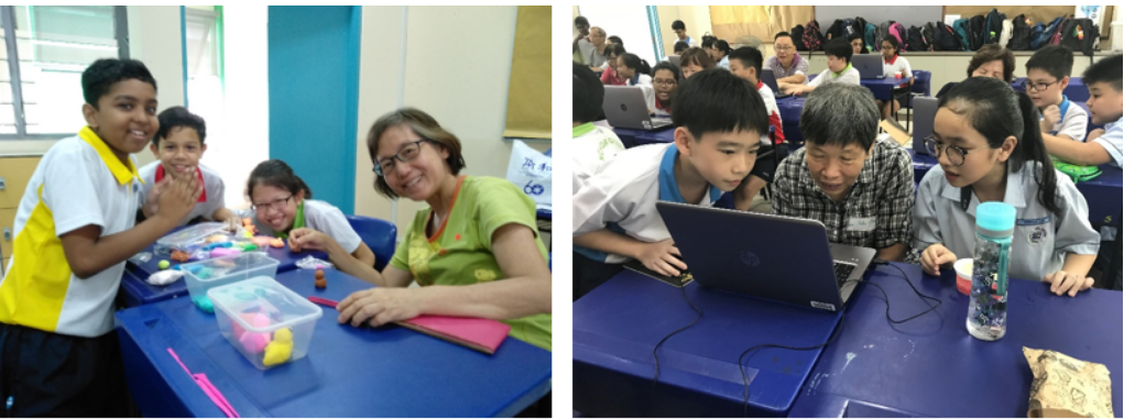 Two classroom scenes: kids with a teacher at a craft table, and three students gathered around a laptop.